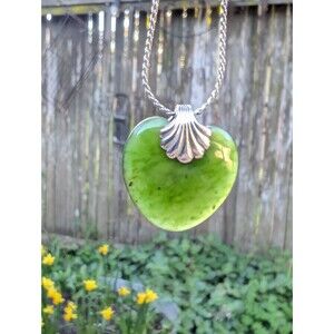 Vintage Sterling Jade Heart Necklace; Romantic Gift Silver Pendant